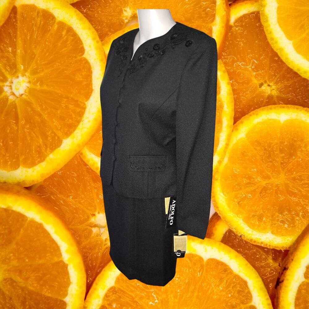 NWT Adolfo Black Skirt Suit Set With Embossed‎ Design Size 8P